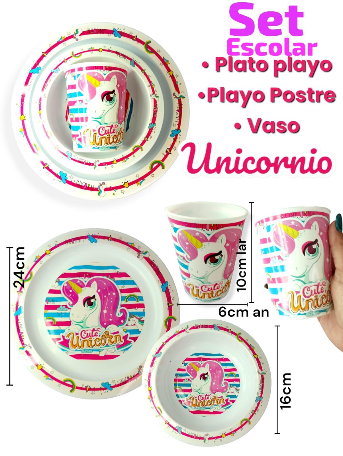 Set Escolar ( PLATO PLAYO,PLATO POSTRE Y VASO) Unicornio
