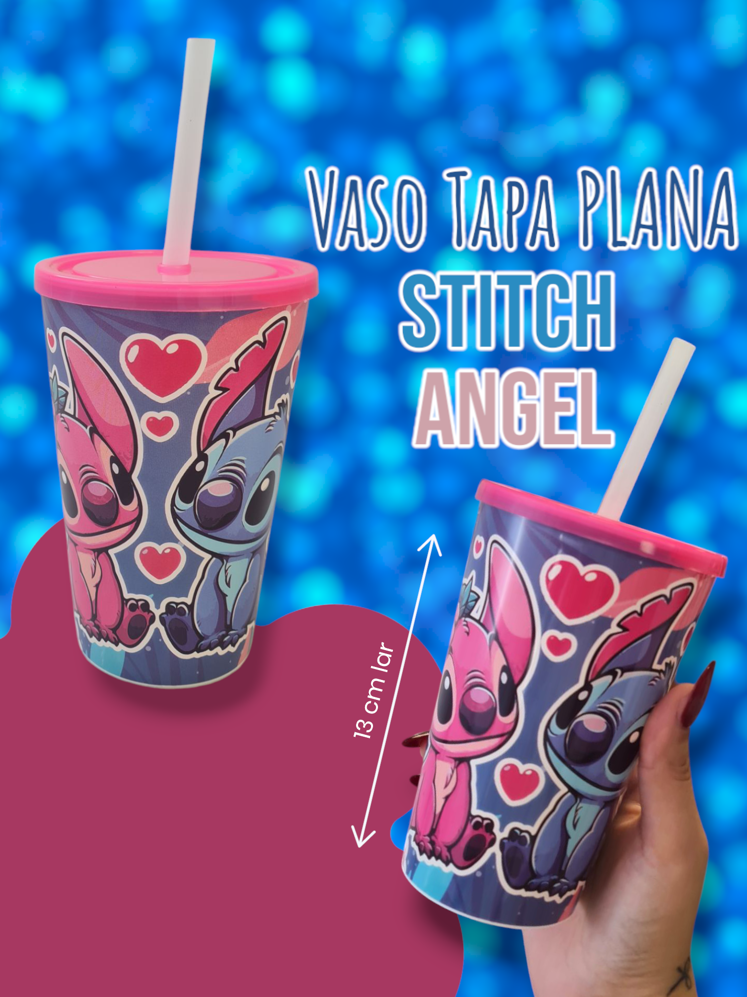Vaso Tapa Plana con Sorbete Stitch y Angel