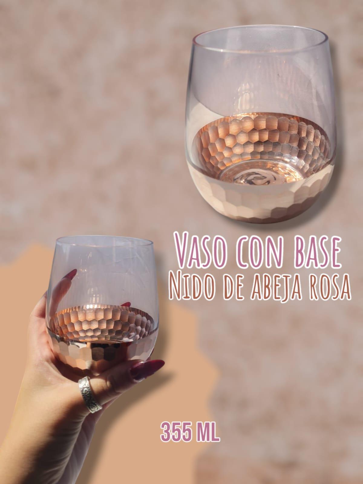 Vaso de vidrio con Base Nido de Abeja rosado 355ml