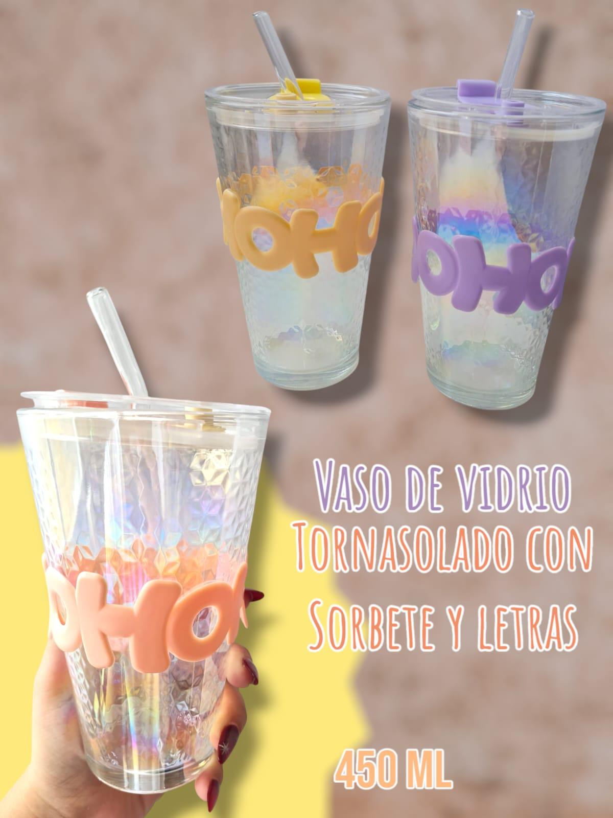 Vaso de Vidrio Tornasolado Con Sorbete y Letras 450ml