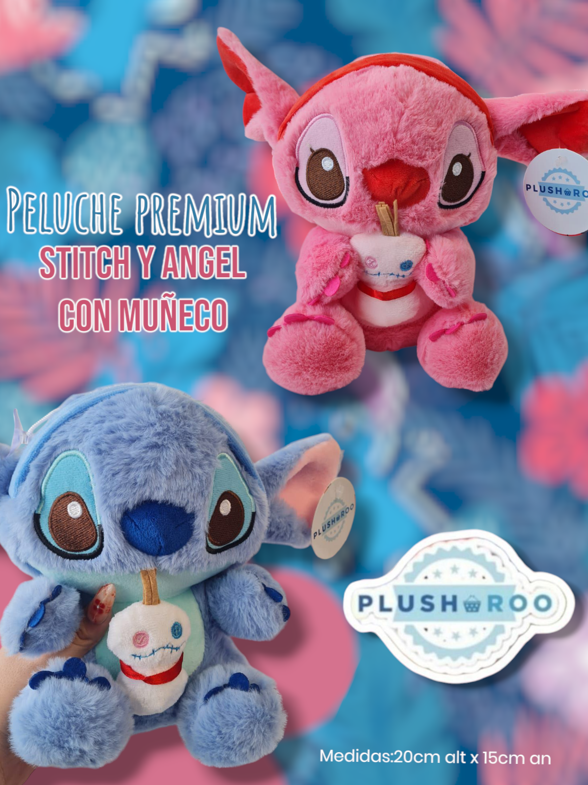 Peluche Premium PLUSHAROO Stitch y Angel con Muñeco 20cm
