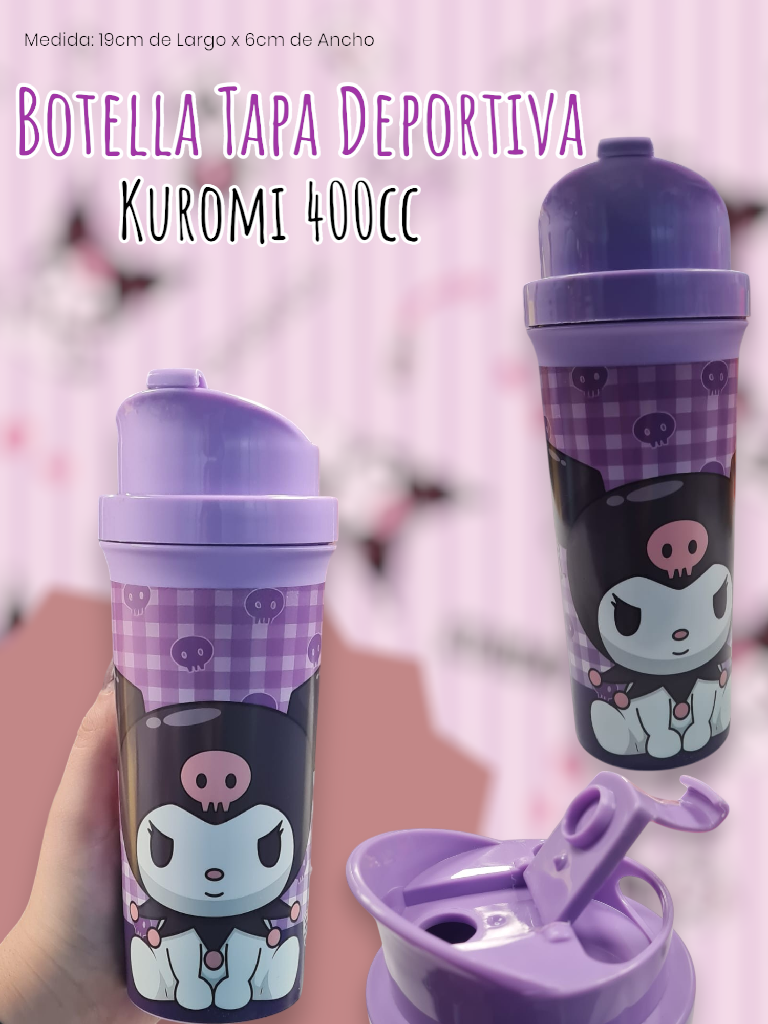 Botella Tapa Deportiva Kuromi Kawaii 400cc