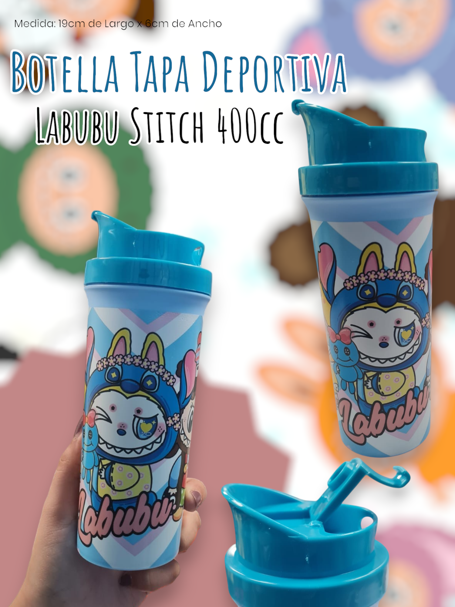 Botella Tapa Deportiva Labubu Stitch 400cc