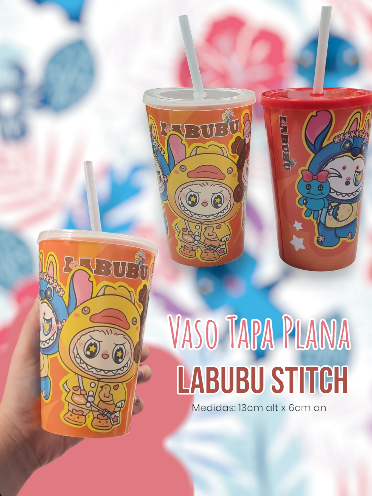 Vaso Tapa Plana Labubu Stitch 