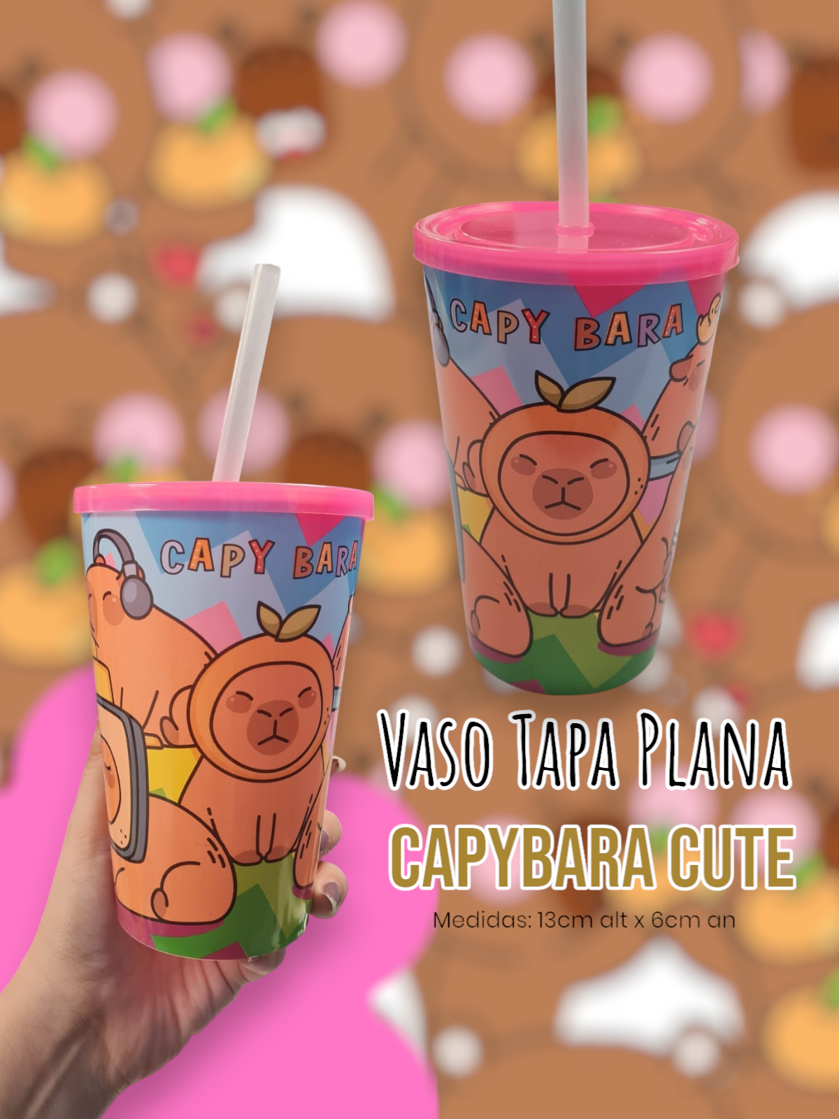 Vaso Tapa Plana Capybara Cute 