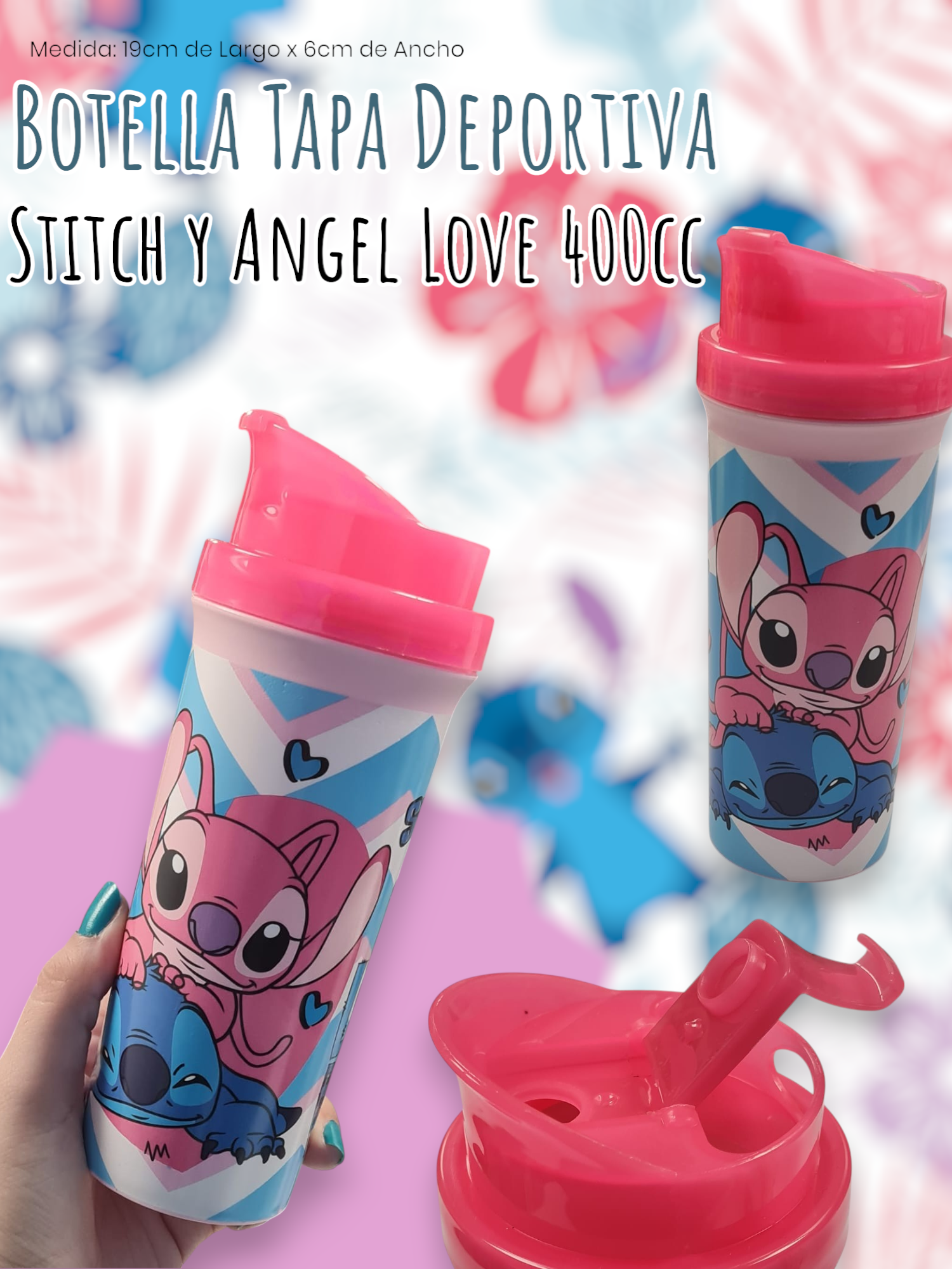 Botella Tapa Deportiva Stitch y Angel Love 400cc