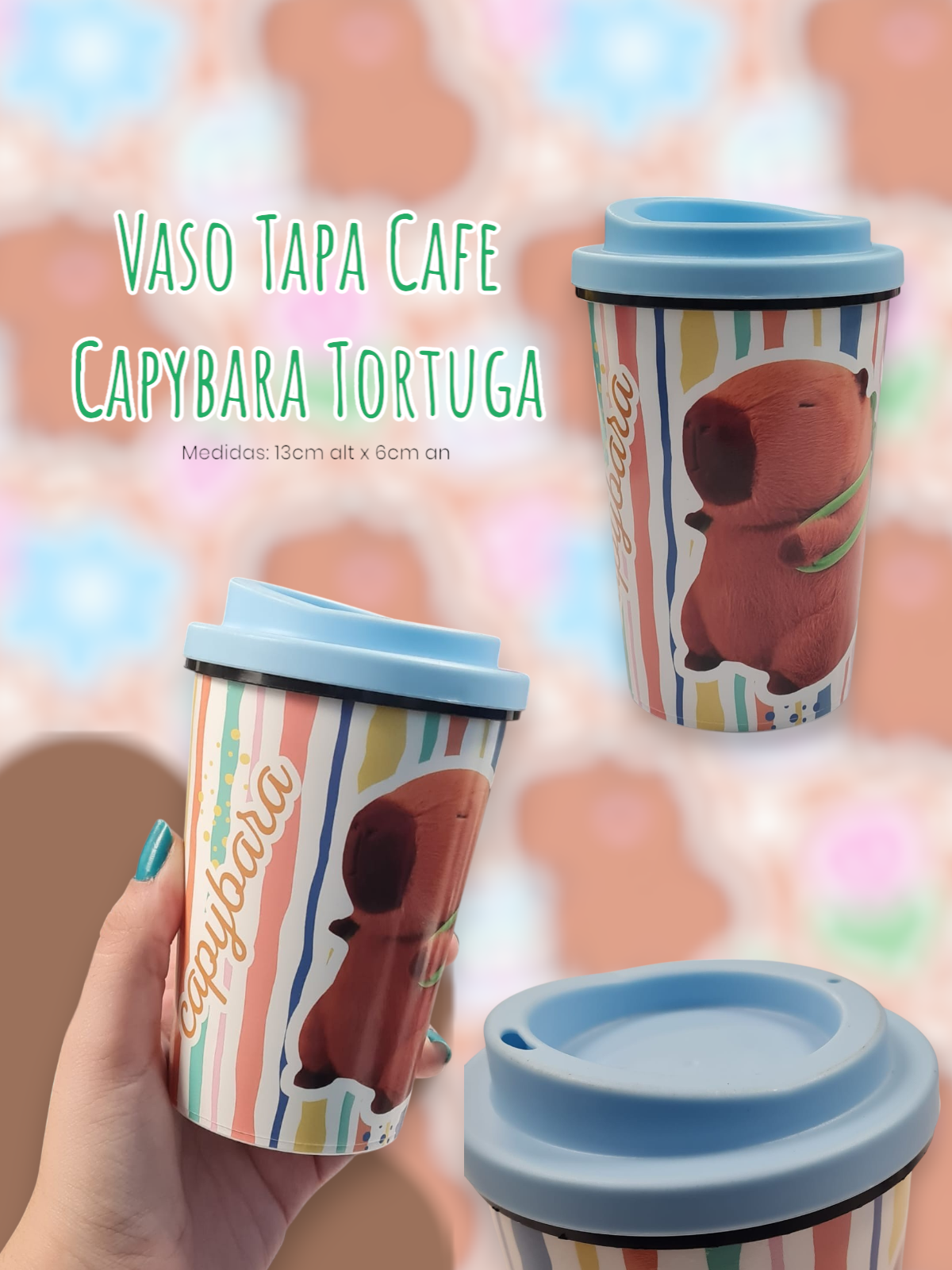 Vaso Tapa Cafe Capybara Tortuga 290cc