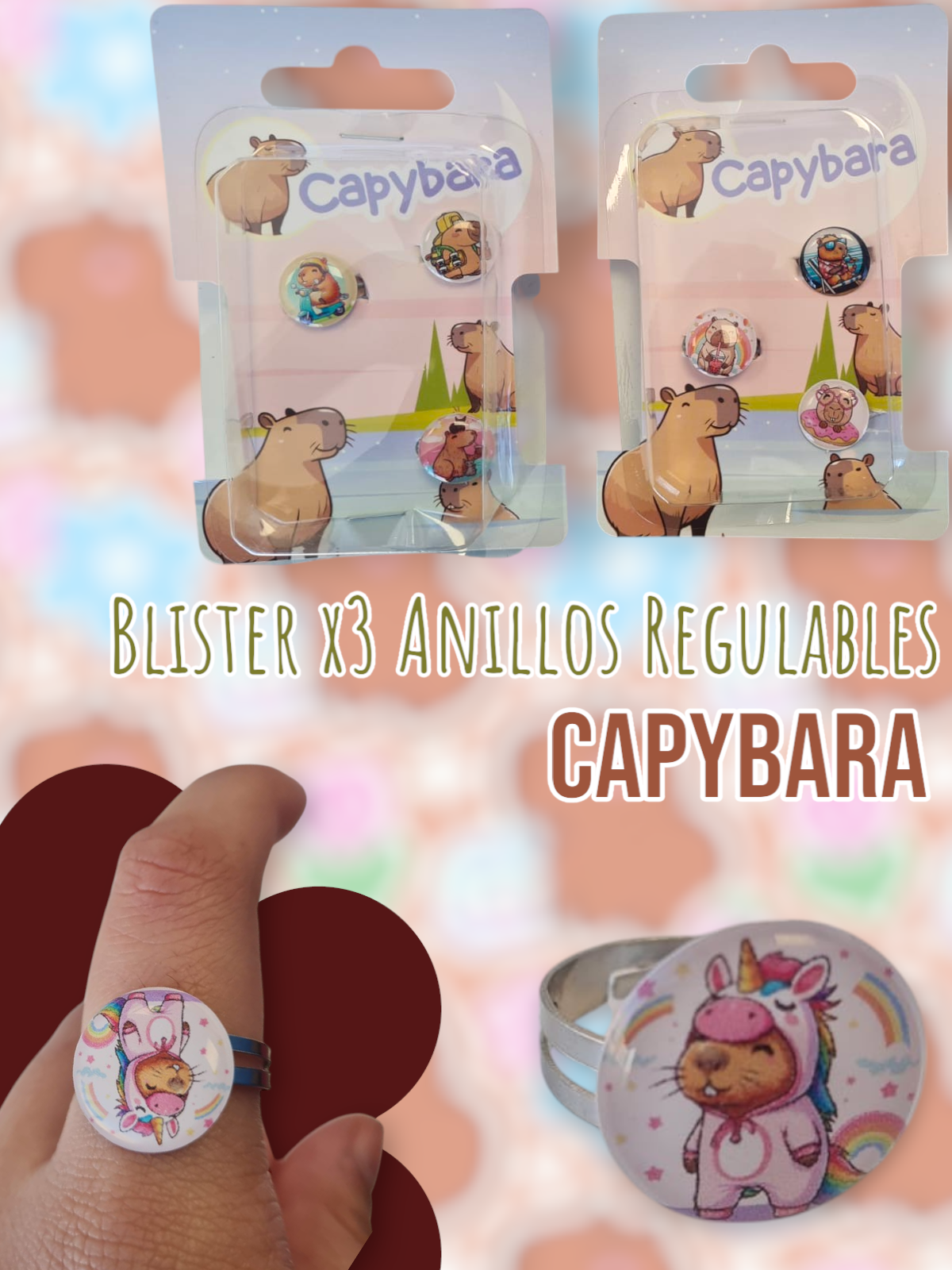 Blister x3 Anillos Regulables Capybara