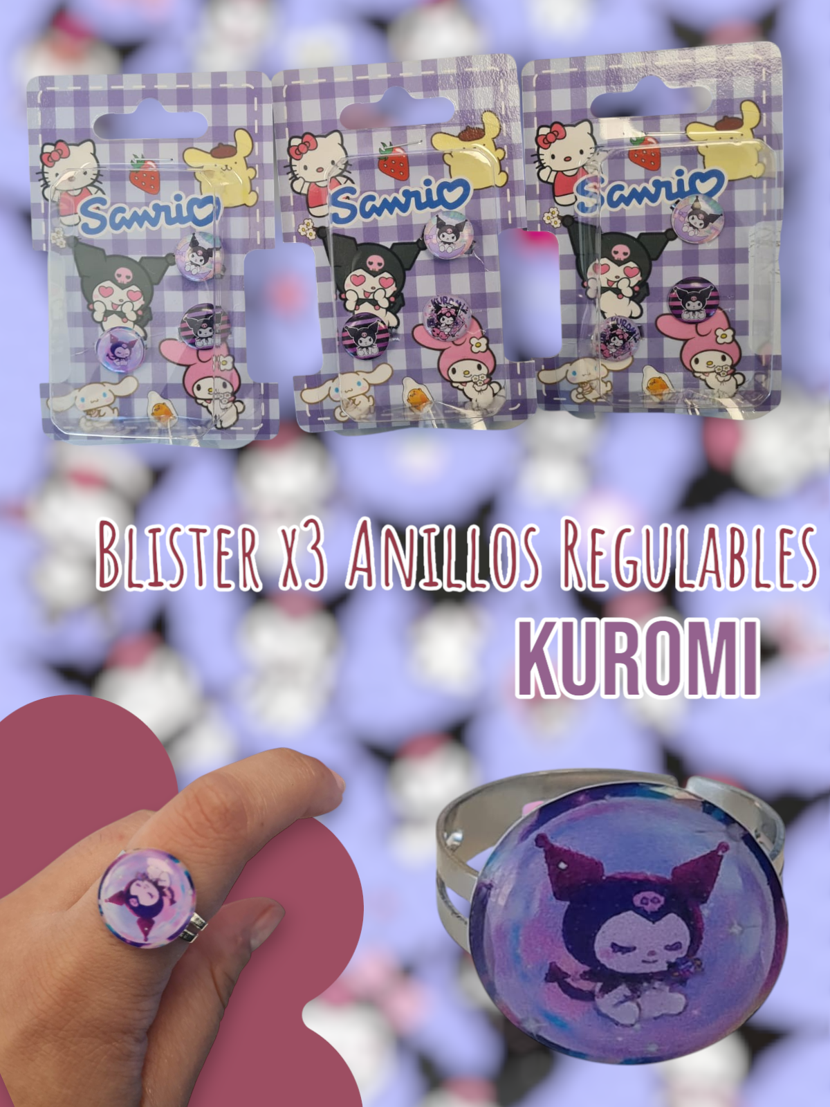 Blister x3 Anillos Regulables Kuromi