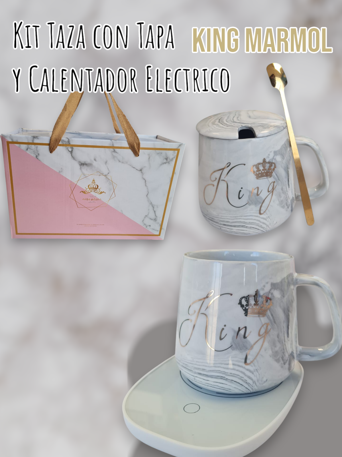 Kit Taza Con Calentador Eléctrico King Marmol 