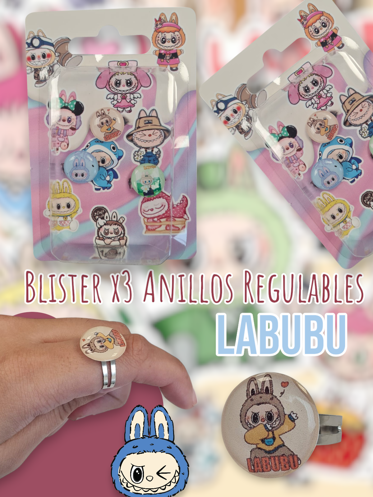 Blister x3 Anillos Regulables Labubu