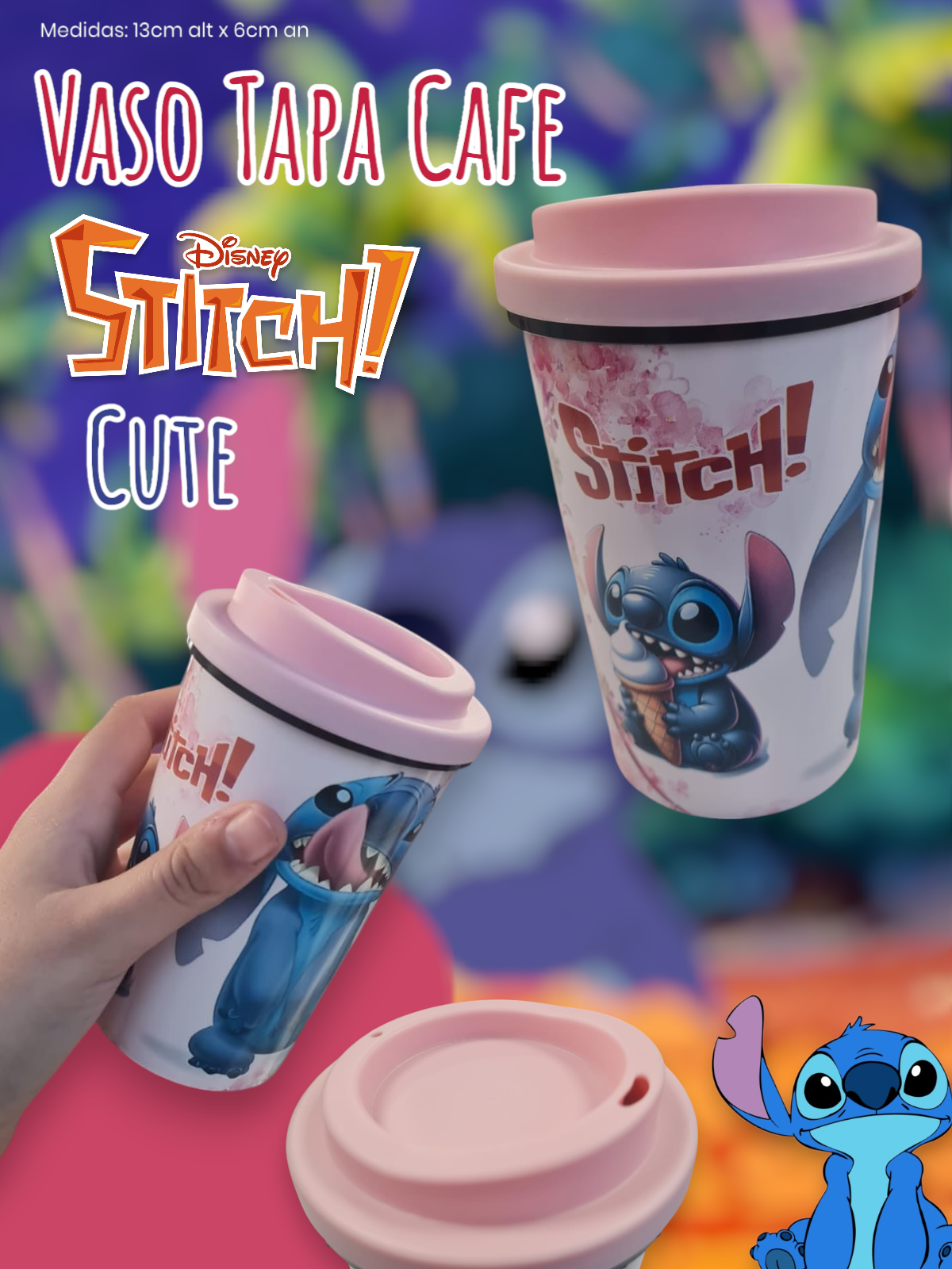 Vaso Tapa Cafe Stitch Cute 
