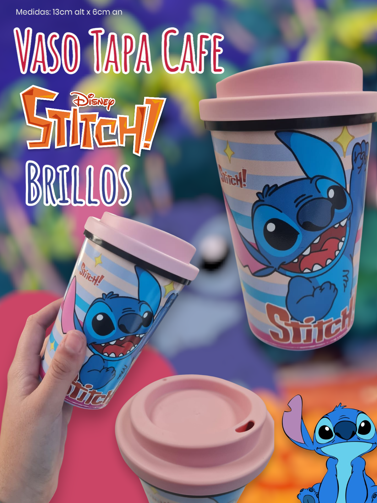 Vaso Tapa Cafe Stitch Brillos