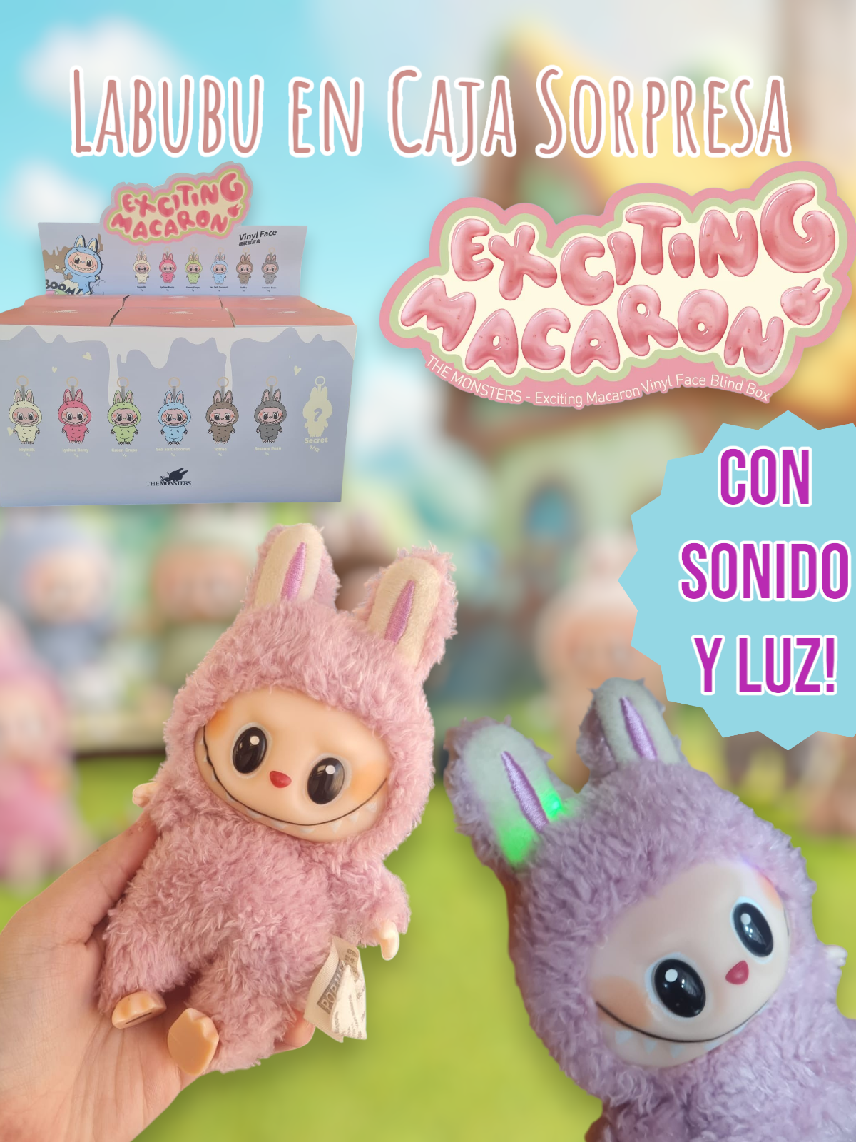 Labubu En Caja Sorpresa Con Sonido y Luz Exciting Macaron 