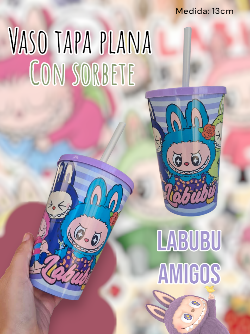  Vaso Tapa Plana Con Sorbete Labubu Amigos