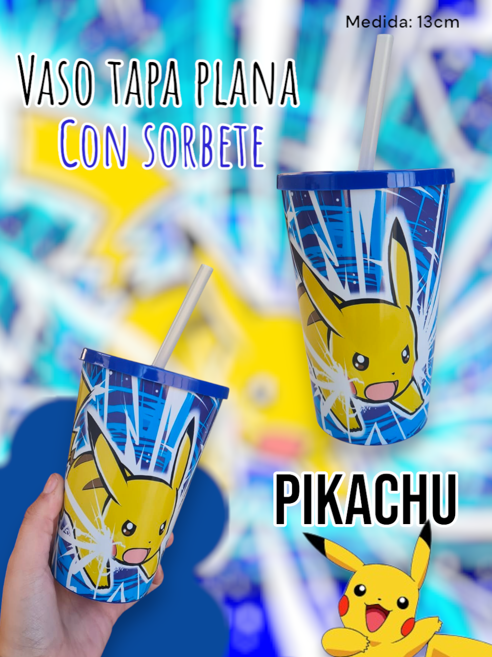  Vaso Tapa Plana Con Sorbete Pikachu 