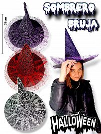 SOMBRERO DE BRUJA con red Halloween 37cm