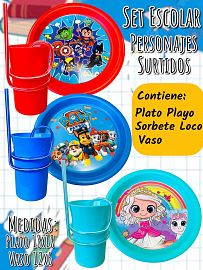 Set Escolar Personajes Surtidos Plato Playo+ Vaso Sorbete Loco