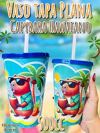 Vaso Tapa Plana Capybara Hawaiano 500cc