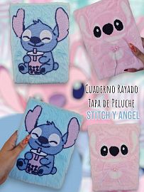 Cuaderno Rayado Tapa de Peluche Stitch y Angel