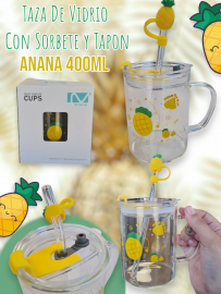 Taza De Vidrio Con Sorbete y Tapon Anana 400ml 